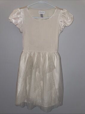 Girls Ivory Sparkle Velvet Puff Sleeve Holiday Dress